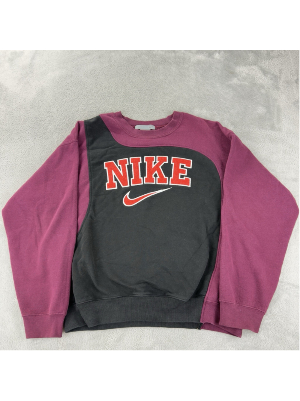 Vintage Nike Men's Size Large Reworked Maroon/Blk Retro Fleece Crewneck Sweater